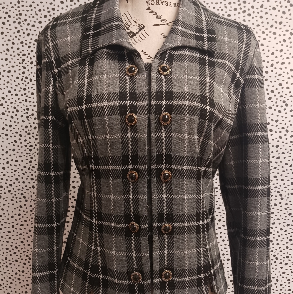 Vintage Leslie Fay Top Womens Sz 8 Plaid Button Accents Equestrian